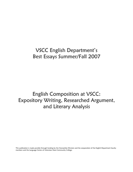 VSCC English Department's Best Essays Summer/Fall 2007 English Composition at VSCC