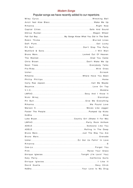 Nightlife Song List January, 2014