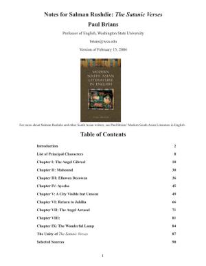 Table of Contents Notes for Salman Rushdie: the Satanic Verses Paul