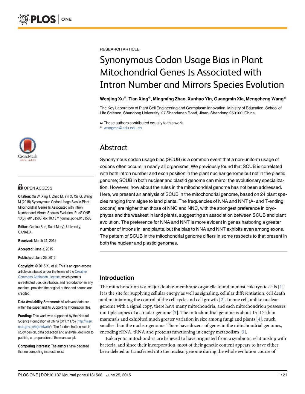 Synonymous Codon Usage Bias in Plant Mitochondrial Genes Is Associated with Intron Number and Mirrors Species Evolution