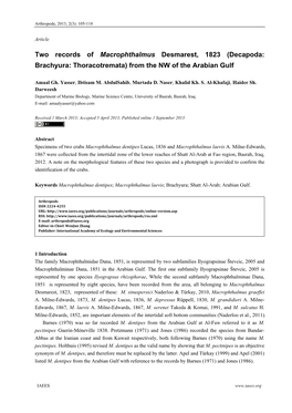 Two Records of Macrophthalmus Desmarest, 1823 (Decapoda: Brachyura: Thoracotremata) from the NW of the Arabian Gulf
