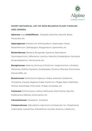 Short Botanical List of Non-Bulbous Plant Families and Genera