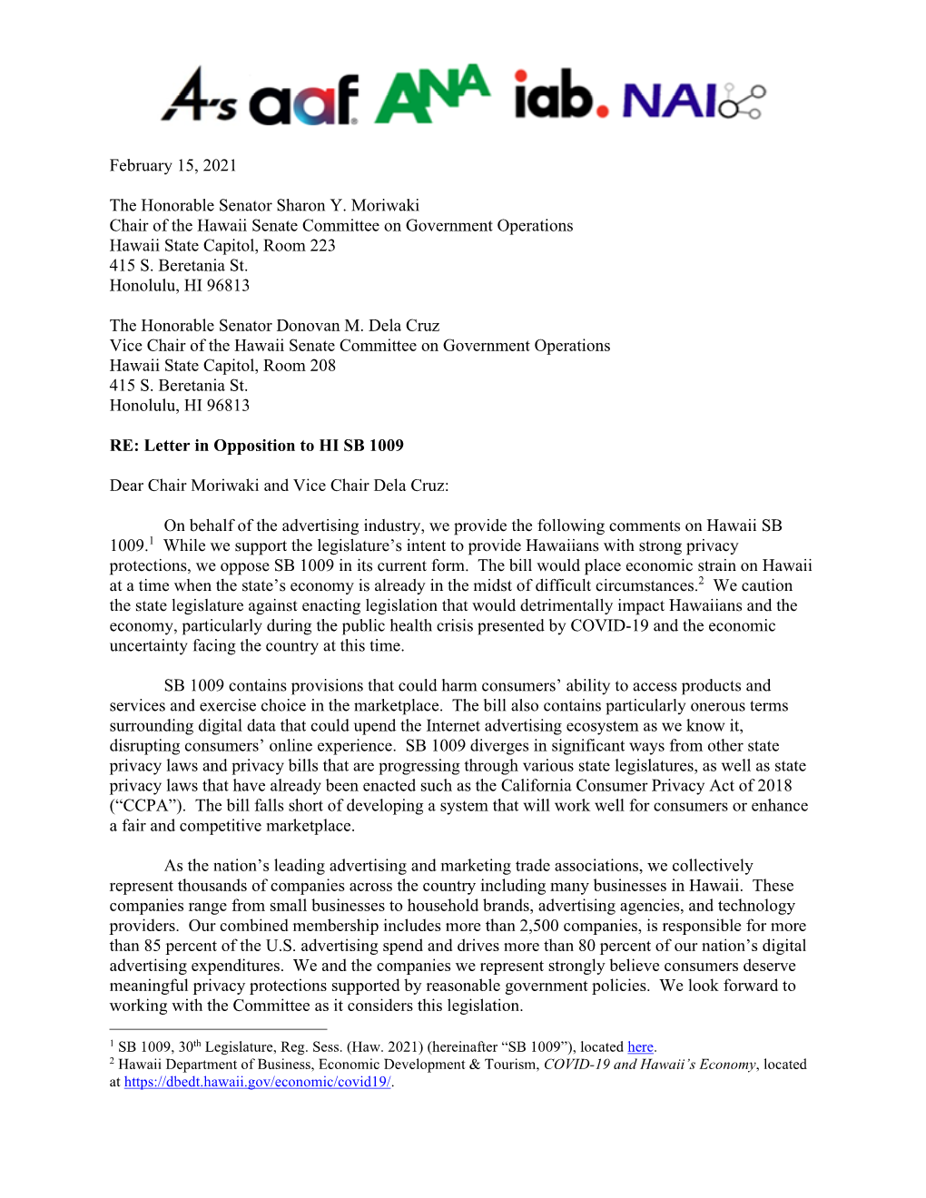 FINAL Joint Ad Trade Letter in Opposition to Hawaii SB 1009