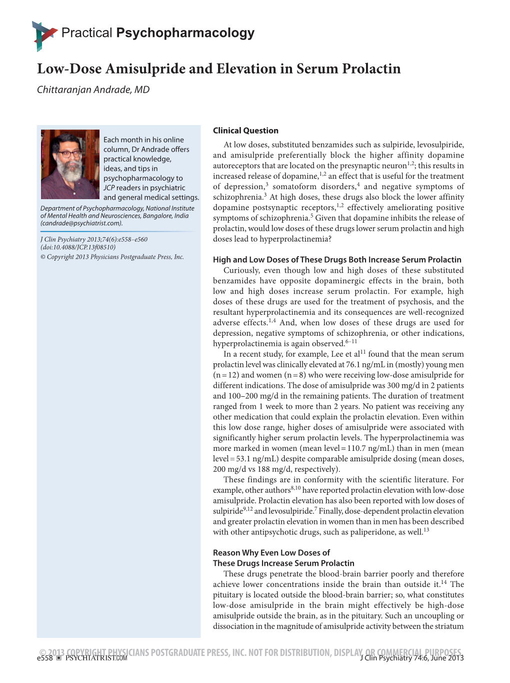 Low-Dose Amisulpride and Elevation in Serum Prolactin Chittaranjan Andrade, MD