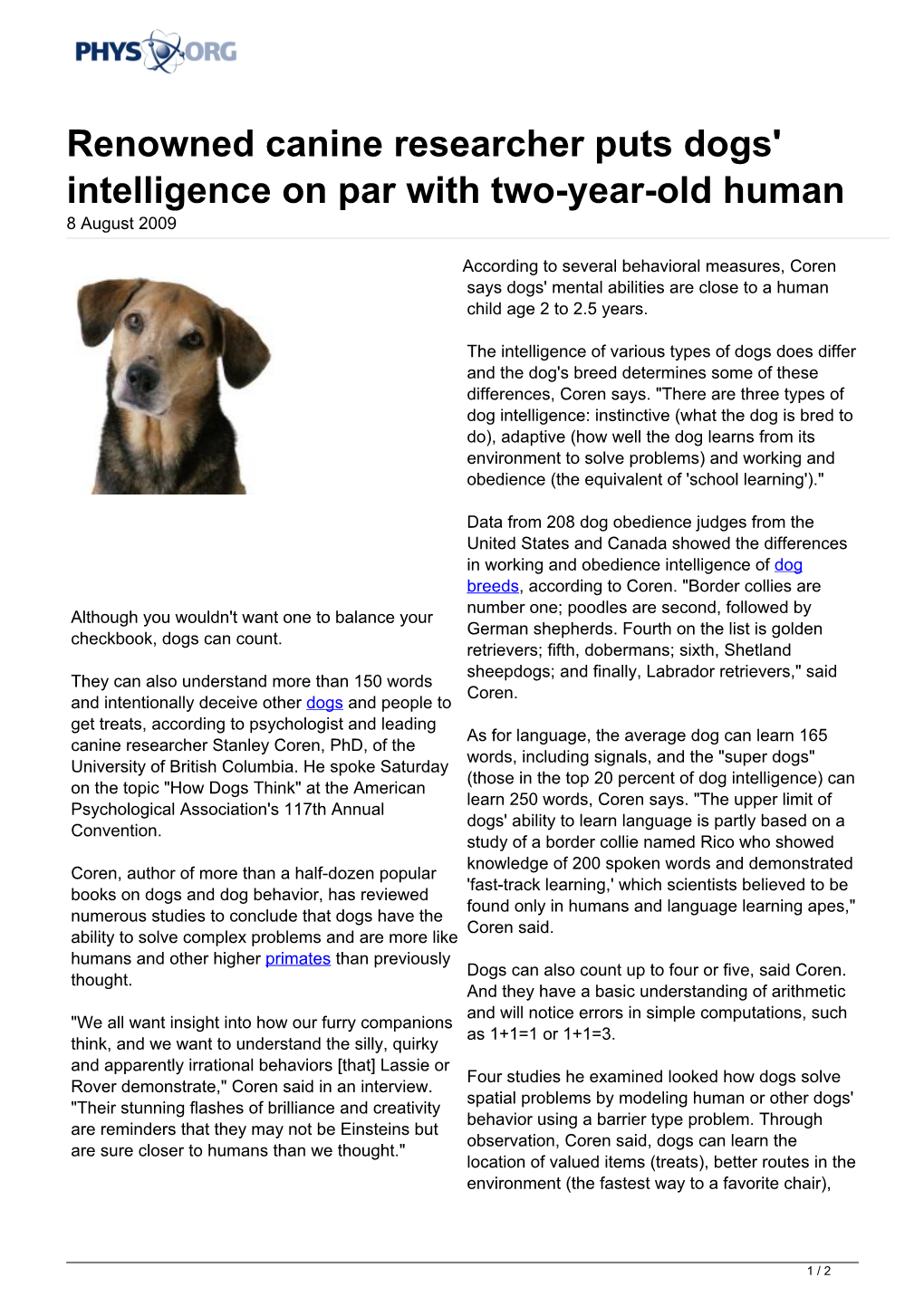 Renowned Canine Researcher Puts Dogs' Intelligence on Par with Two-Year-Old Human 8 August 2009