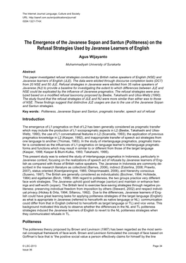 The Emergence of the Javanese Sopan and Santun (Politeness) on the Refusal Strategies Used by Javanese Learners of English