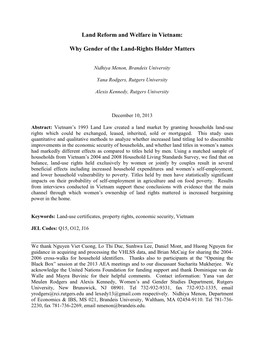 Land Reform and Welfare in Vietnam: Why Gender of the Land-Rights