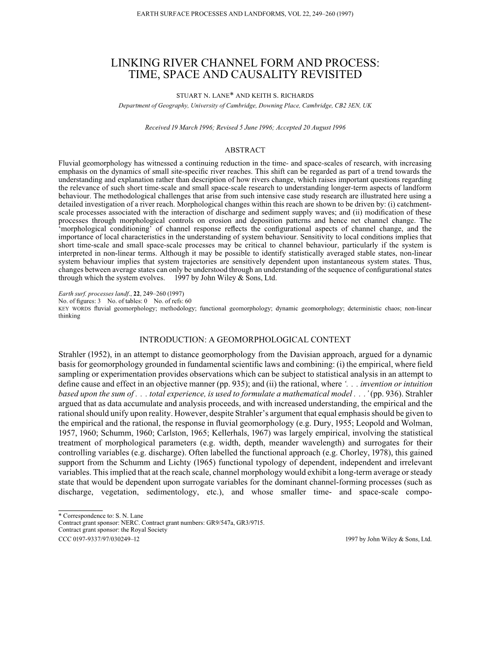 Linking River Channel Form and Process: Time, Space and Causality Revisited