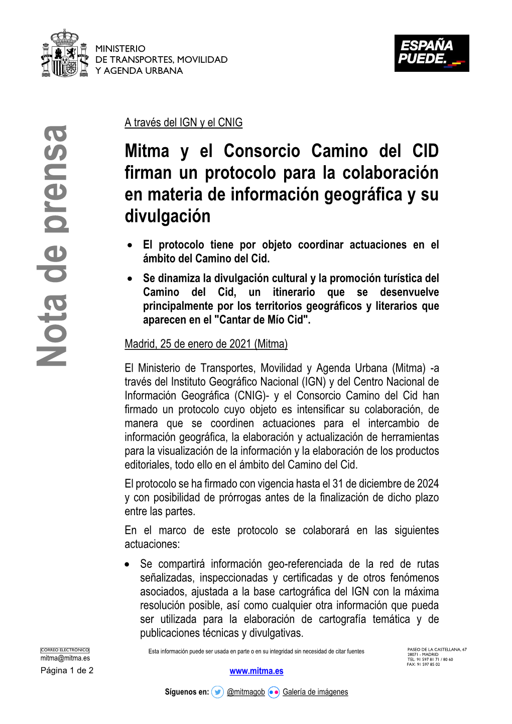 Mitma Y El Consorcio Camino Del CID Firman Un Protocolo Para La Colaboración En Materia De Información Geográfica Y Su Divulgación