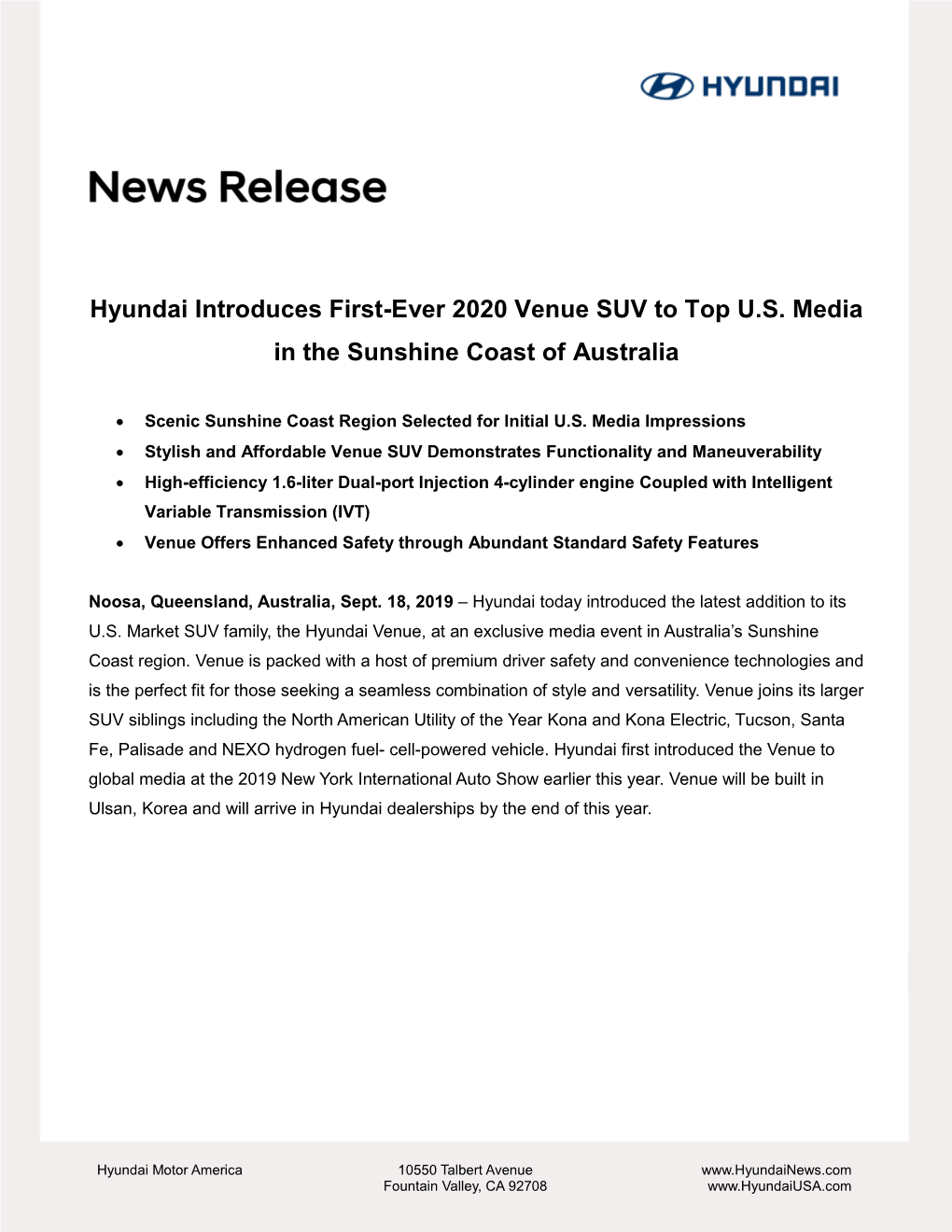 Hyundai Introduces First-Ever 2020 Venue SUV to Top U.S. Media in the Sunshine Coast of Australia