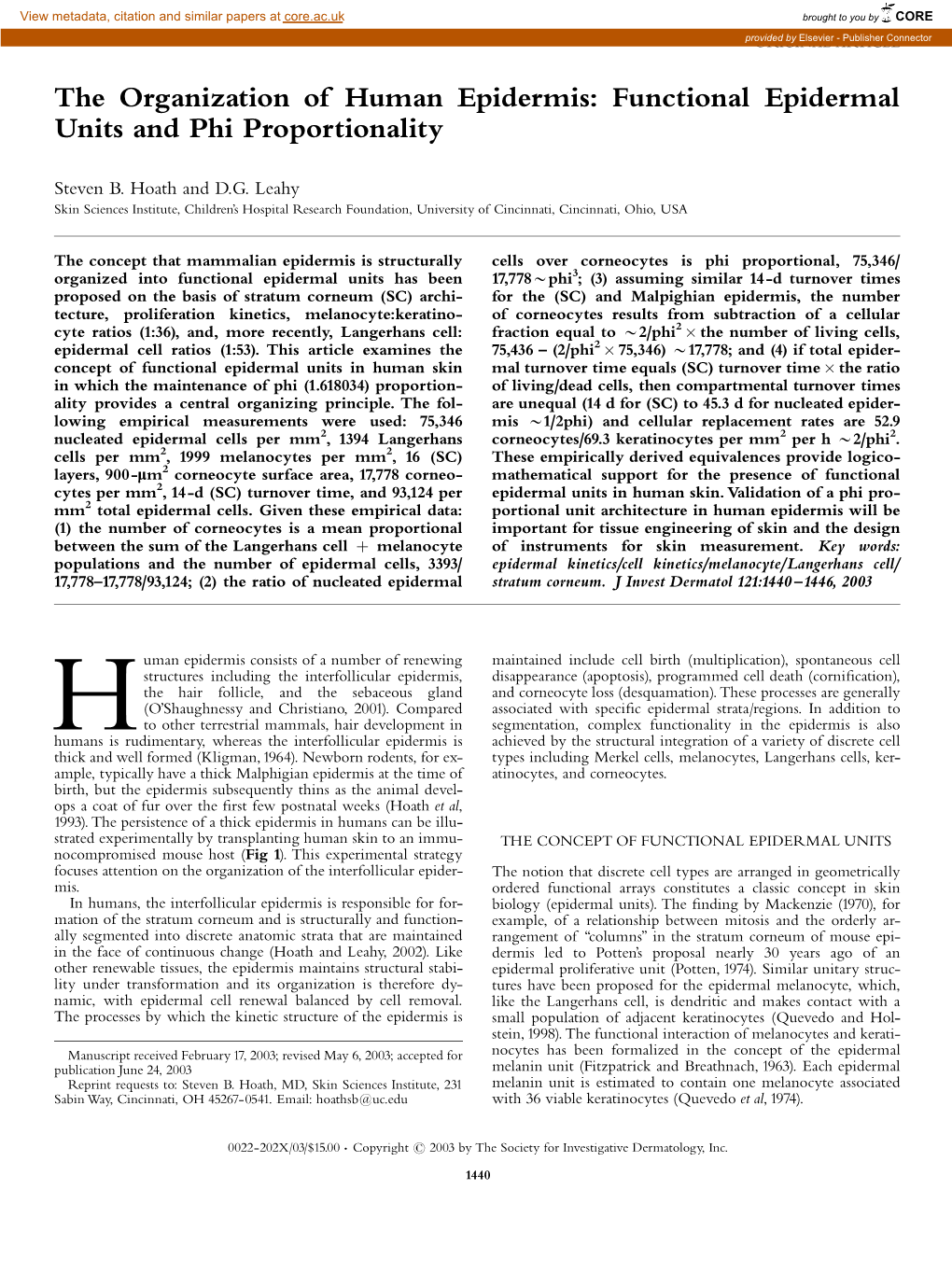 The Organization of Human Epidermis: Functional Epidermal Units and Phi Proportionality