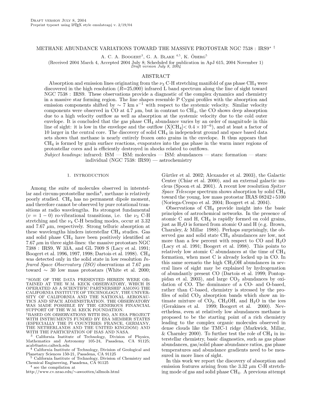 Methane Abundance Variations Toward the Massive Protostar Ngc 7538 : Irs9∗ † A