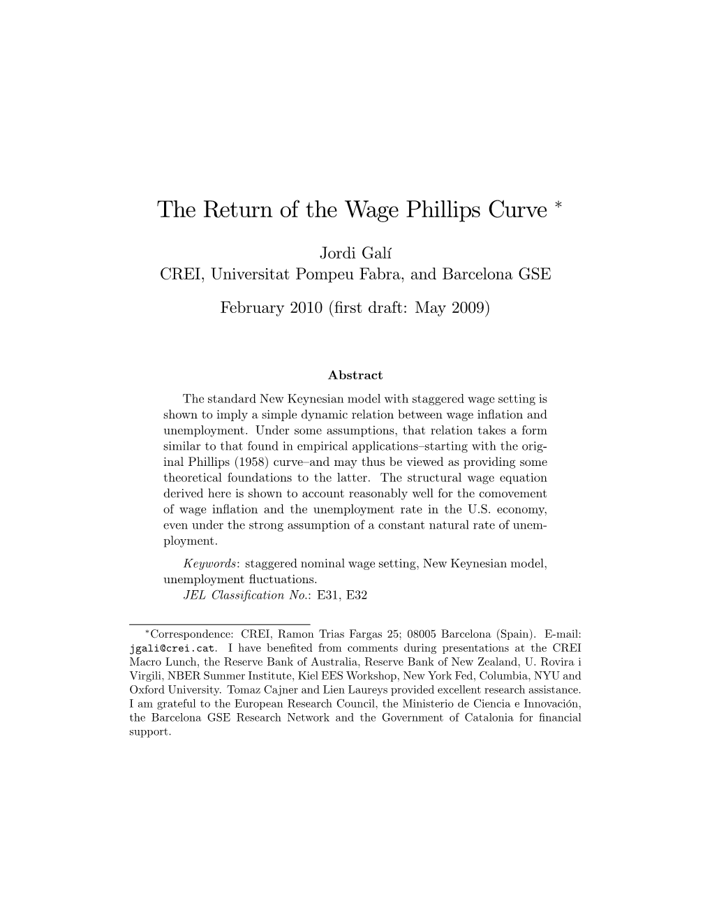 The Return of the Wage Phillips Curve ∗