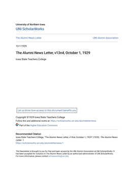 The Alumni News Letter, V13n4, October 1, 1929