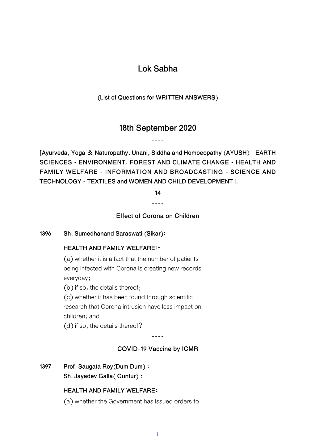 Lok Sabha 18Th September 2020