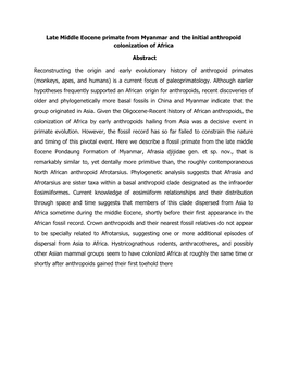 Late Middle Eocene Primate from Myanmar and the Initial Anthropoid Colonization of Africa