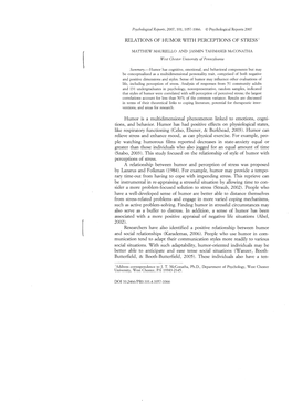 RELATIONS of HUMOR with PERCEPTIONS of STRESS 1 Humor Is a Multidimensional Phenomenon Linked to Emotions, Cogni Tions