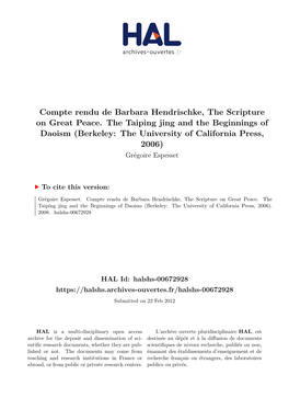 Compte Rendu De Barbara Hendrischke, the Scripture on Great Peace