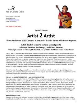 Artist 2 Artist Three Additional 2020 Concerts in the Artist 2 Artist Series with Henry Kapono