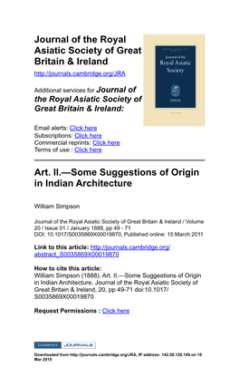 Some Suggestions of Origin in Indian Architecture