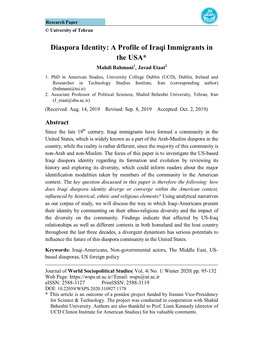 Diaspora Identity: a Profile of Iraqi Immigrants in the USA* Mahdi Bahmani1, Javad Etaat2 1