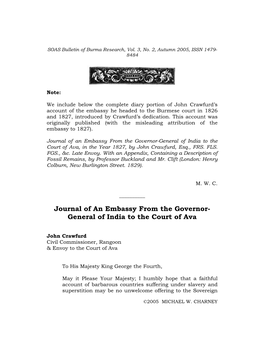 Journal of an Embassy from the Governor- General of India to the Court of Ava