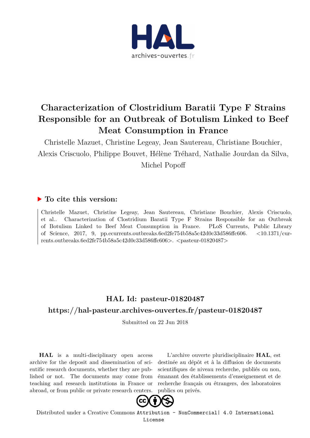Characterization of Clostridium Baratii Type F Strains Responsible for An