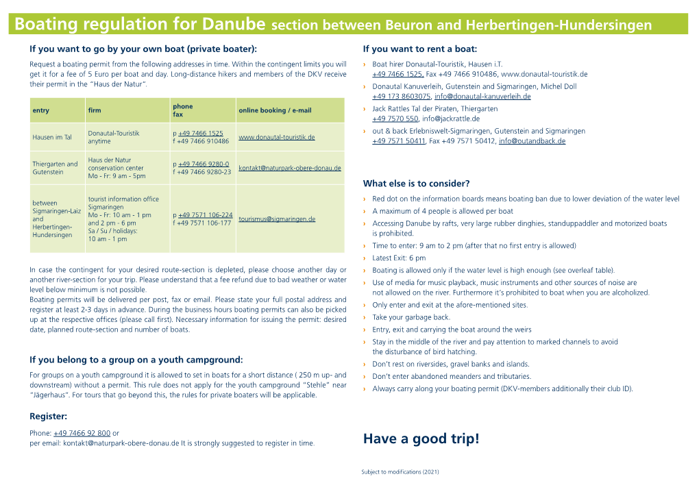 Boating Regulation for Danube Section Between Beuron and Herbertingen-Hundersingen