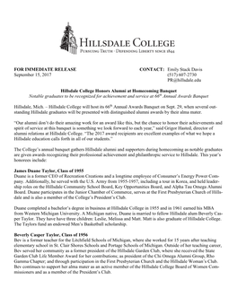 FOR IMMEDIATE RELEASE CONTACT: Emily Stack Davis September 15, 2017 (517) 607-2730 PR@Hillsdale.Edu Hillsdale College Hono