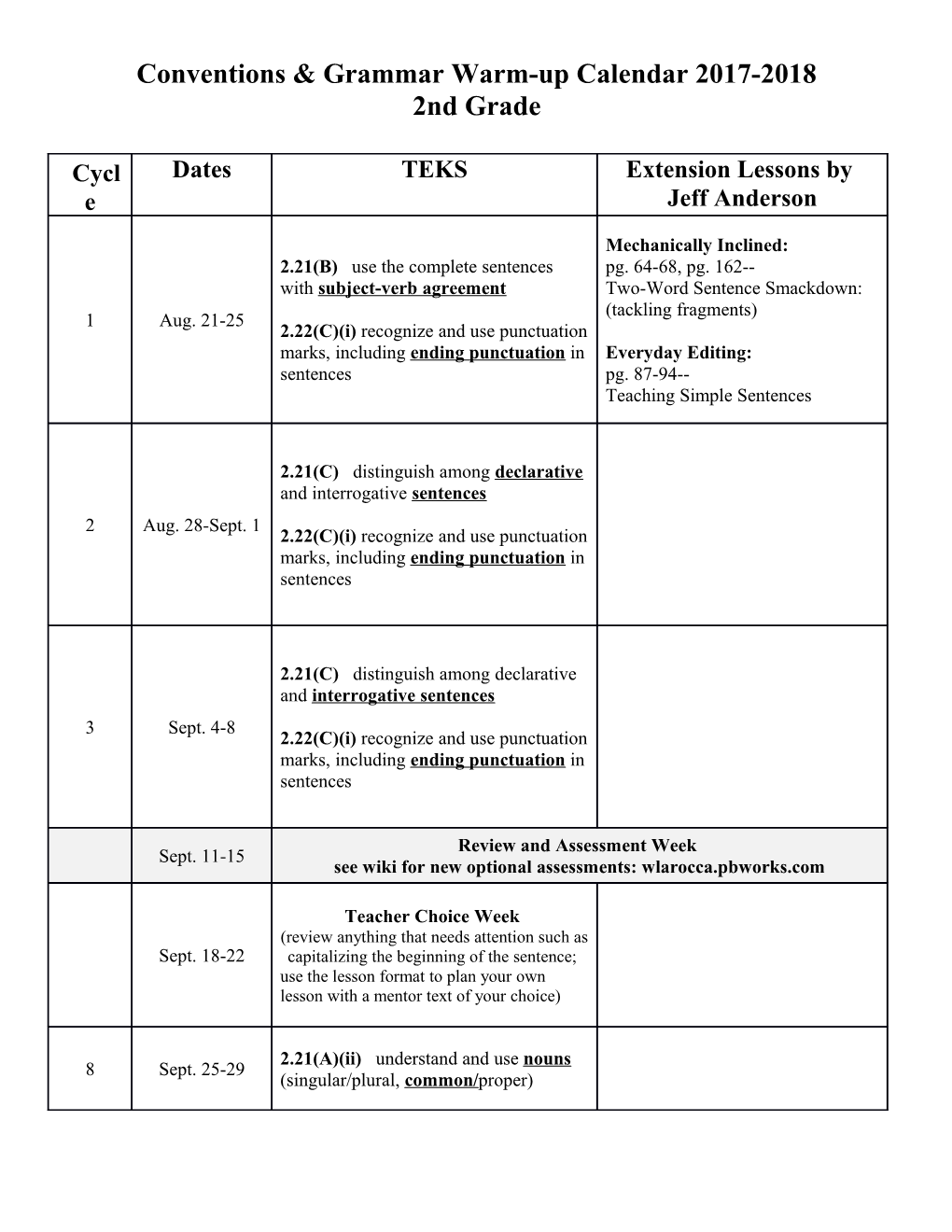 Conventions & Grammar Warm-Up Calendar 2017-2018