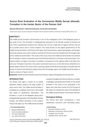 Source Rock Evaluation of the Cenomanian Middle Sarvak (Ahmadi) Formation in the Iranian Sector of the Persian Gulf