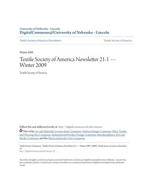 Textile Society of America Newsletter 21:1 — Winter 2009 Textile Society of America
