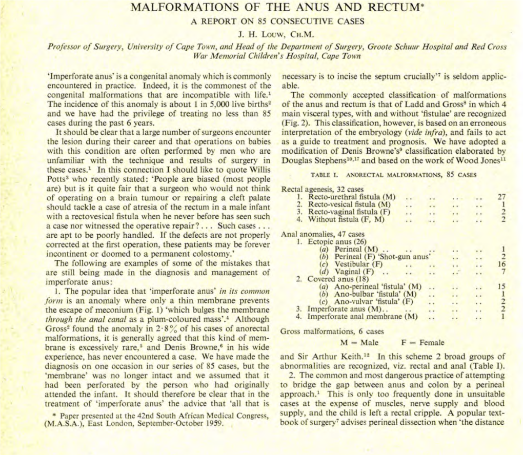 Malformations of the Anus and Rectum* a Report on 85 Consecutne Cases J