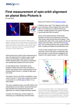 First Measurement of Spin-Orbit Alignment on Planet Beta Pictoris B 29 June 2020