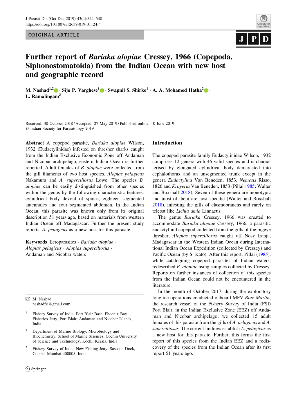 Further Report of Bariaka Alopiae Cressey, 1966 (Copepoda, Siphonostomatoida) from the Indian Ocean with New Host and Geographic Record