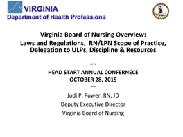 Laws and Regulations, RN/LPN Scope of Practice, Delegation to Ulps, Discipline & Resources