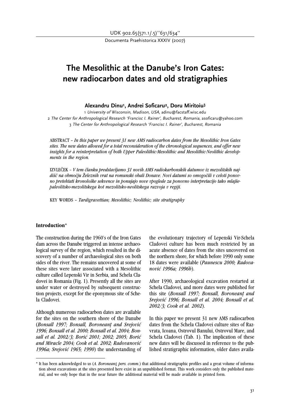 The Mesolithic at the Danube's Iron Gates&gt; New Radiocarbon Dates And