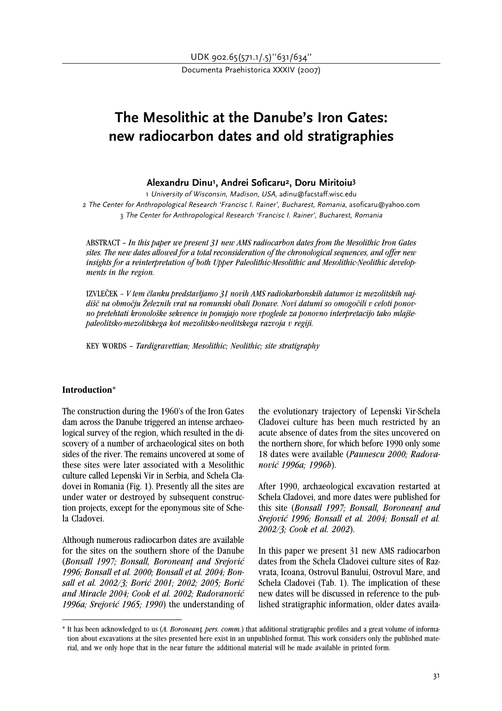 The Mesolithic at the Danube's Iron Gates> New Radiocarbon Dates And