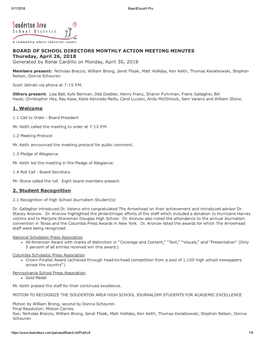 BOARD of SCHOOL DIRECTORS MONTHLY ACTION MEETING MINUTES Thursday, April 26, 2018 Generated by Renai Cardillo on Monday, April 30, 2018