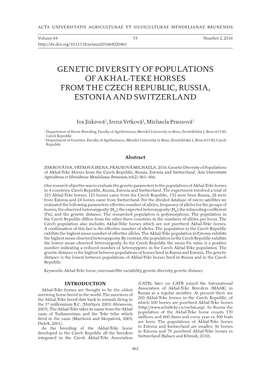 Genetic Diversity of Populations of Akhal-Teke Horses from the Czech Republic, Russia, Estonia and Switzerland