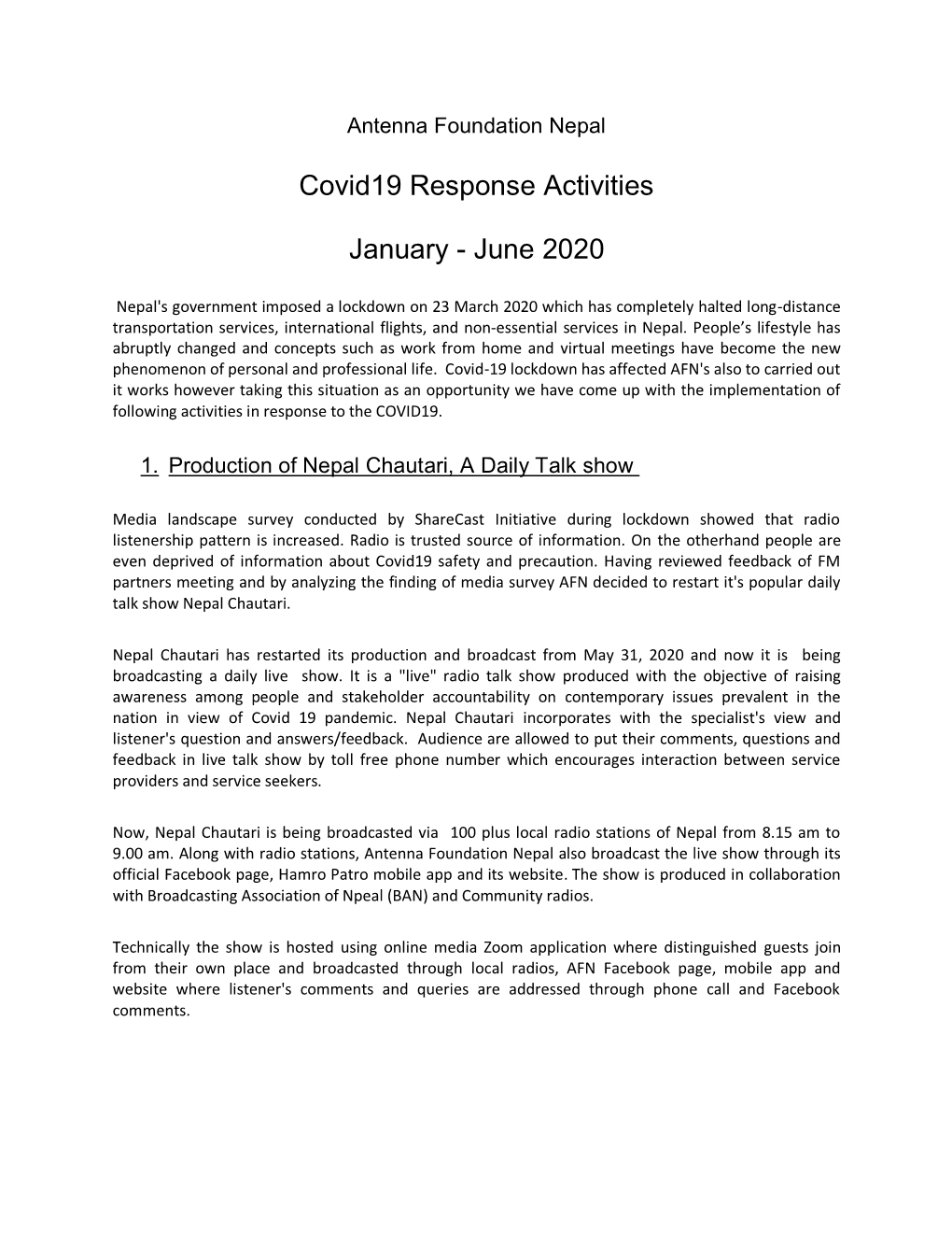 Covid19 Response Activities January