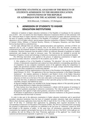1. Admission of Students to Higher Education Institutions