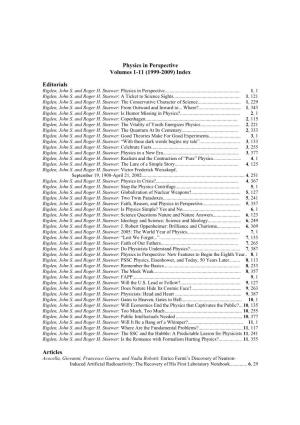 Physics in Perspective Volumes 1-11 (1999-2009) Index