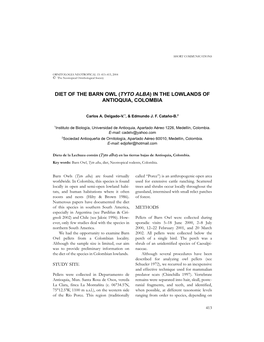 Diet of the Barn Owl (Tyto Alba) in the Lowlands of Antioquia, Colombia