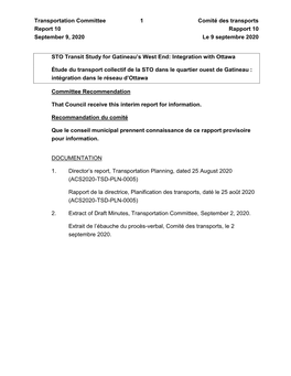 Transportation Committee Report 10 September 9, 2020 1 Comité Des
