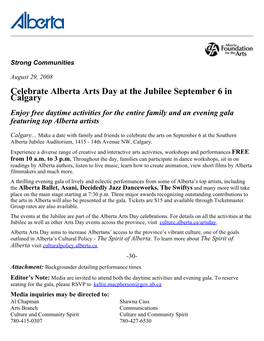 Celebrate Alberta Arts Day at the Jubilee September 6 in Calgary