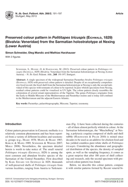 Preserved Colour Pattern in Polititapes Tricuspis (Eichwald, 1829) (Bivalvia: Veneridae) from the Sarmatian Holostratotype at Nexing (Lower Austria)