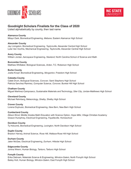 Goodnight Scholars Finalists for the Class of 2020 Listed Alphabetically by County, Then Last Name