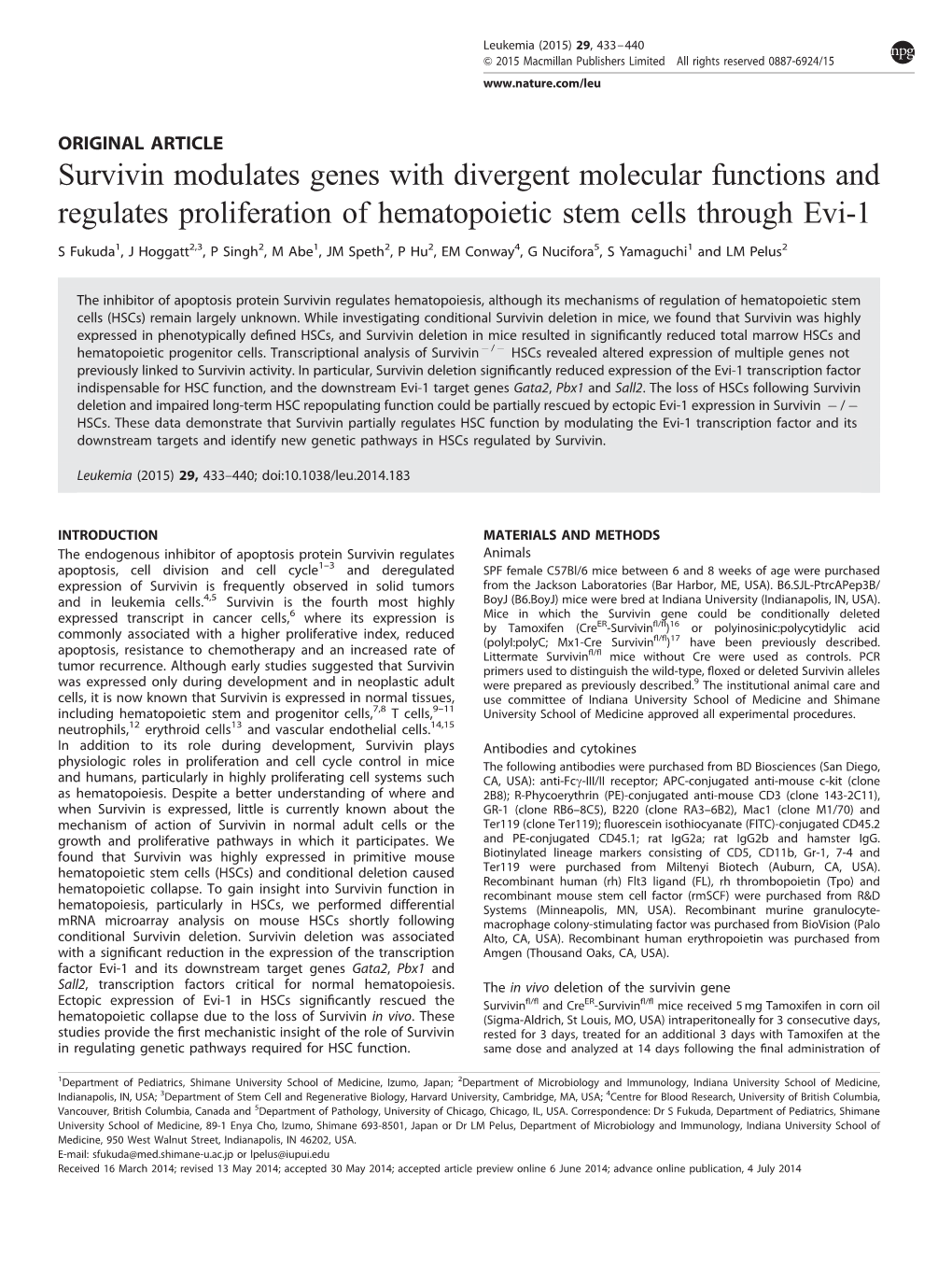 Survivin Modulates Genes with Divergent Molecular Functions and Regulates Proliferation of Hematopoietic Stem Cells Through Evi-1