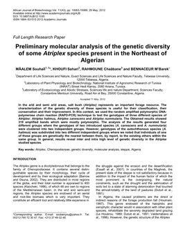 Preliminary Molecular Analysis of the Genetic Diversity of Some Atriplex Species Present in the Northeast of Algerian